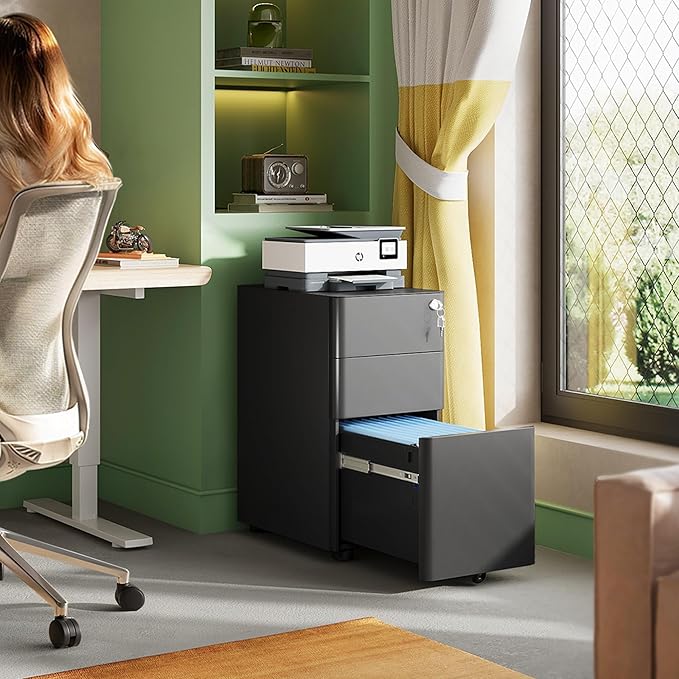 DEVAISE 3-Drawer Slim File Cabinet, Vertical Filing Cabinet, Fully Assembled Except Casters, Black