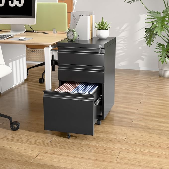 SUXXAN 3 Drawer Under Desk Mobile File Cabinet with Lock, Metal Storage Cabinet for Office & Home, Legal/Letter Size, Fully Assembled Except Wheels, Black