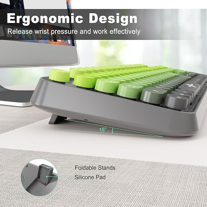Wireless Keyboard and Mouse Combo | Cute Colorful Keyboard and Mouse with 2.4GHz Cordless Retro Typewriter Keyboard | Auto-Sleep | USB Receiver for Windows PC/Laptop - Grey Green Gradient