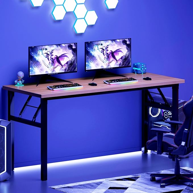 Need Office Computer Desk - 54.3L Sturdy and Heavy Duty Folding Laptop Table, Writing Table Home Office Desk, No Assembly Required Teak&Black