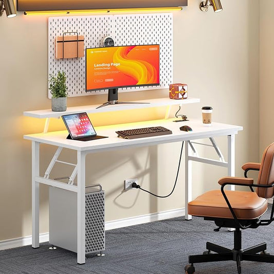 sogesfurniture 47 inch Computer Desk with LED Lights & Power Outlets, Folding Desk with Monitor Shelf, Wide Folding Table Writing Desk Foldable Home Office Desk, White