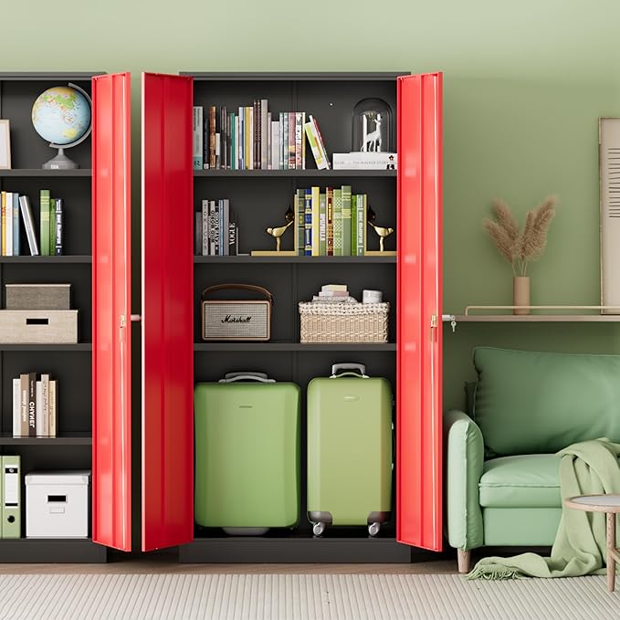 INTERGREAT Metal Storage Cabinet,72" Steel Lockable File Cabinet with Locking Doors and Adjustable Shelves,Locking Tool Cabinets for Office,Home,Garage,Gym,School (Black Red)