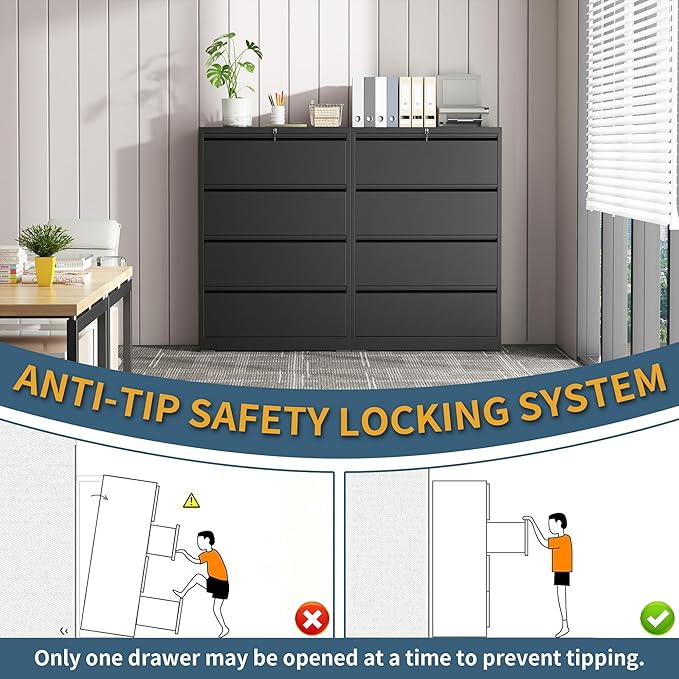 4 Drawer File Cabinet with Lock, Lateral Filing Cabinets,Metal Storage Filing Cabinets for Home Office, Heavy Duty File Cabinet for Letter/Legal/A4/F4 Size Amssebly Required, Black