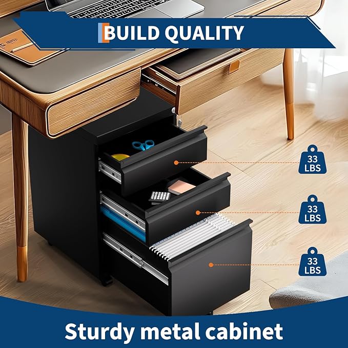 3-Drawer Mobile File Cabinet with Lock & Wheels, Under Desk Lateral Filing Cabinet for Legal/Letter/A4 Files, Adjustable Shelf, Easy Assembly, Office Home Storage, Dark Black