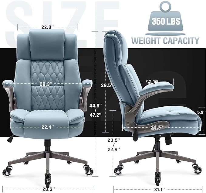 Large High Back Office Chair - Adjustable Lumbar Support Flip Up Arms Heavy Duty Quiet Wheels Metal Base Breathable Bonded Leather Ergonomic Executive Computer Desk Chair with Storage Bags, Blue