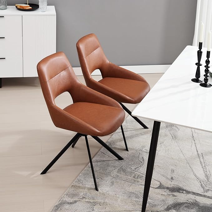 Mid Century Modern Desk Chair No Wheels Set of 1, Faux Leather Swivel Dining Chair with Metal Legs, Swivel Accent Chair Armchair for Small Spaces, Home Office, Living Room, Bedroom, Browm