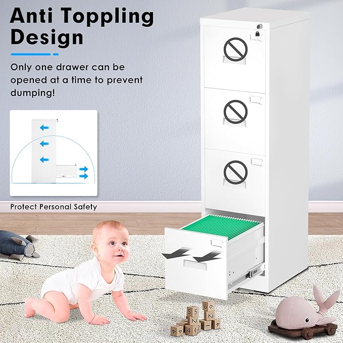 Greenvelly 18" D File Cabinet, 4 Drawer Vertical File Cabinet with Lock, Locking Filing Cabinet for Home Office, White Metal File Cabinet for Hanging Letter/Legal Folders, Easy Assemble