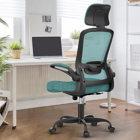 Ergonomic Office Chair for Long Hours & Back Pain Relief – Adjustable Lumbar Support & Headrest, High-Density Foam Cushion, Flip-Up Armrests, Perfect for Work & Study, Green