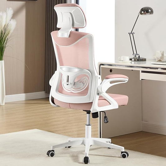 Fizzin Ergonomic Office Chair,Ergonomic Desk Chair with Headrest Mesh Computer Chair with High Back Adjustable Lumbar Support, Rolling Swivel Chairs with Wheel Armrests for Home Office(Pink)