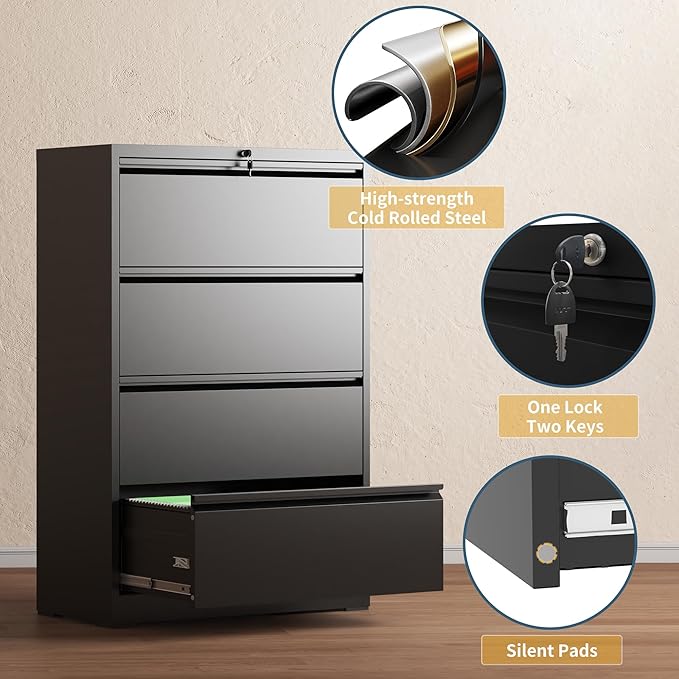 4 Drawer File Cabinet with Lock, Lateral Filing Cabinets,Metal Storage Filing Cabinets for Home Office, Heavy Duty File Cabinet for Letter/Legal/A4/F4 Size Amssebly Required, Black