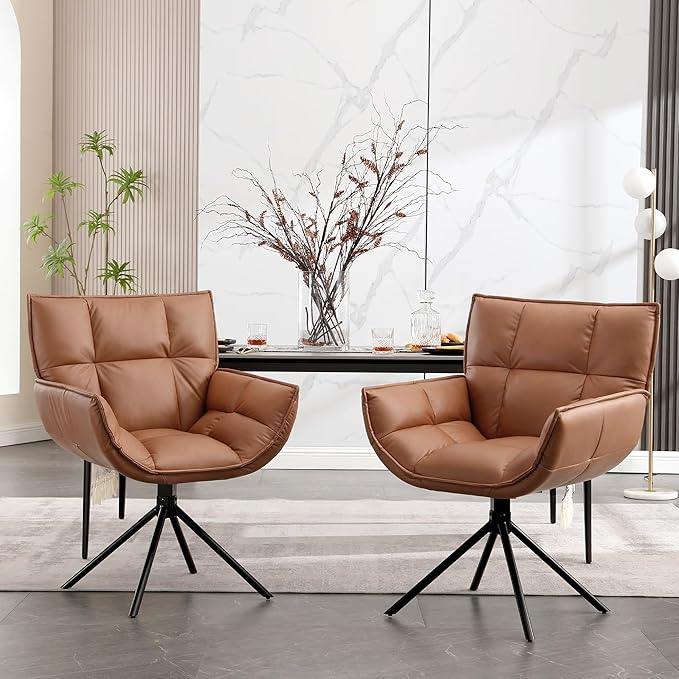 Desk Chair No Wheels, 360° Swivel Mid Century Modern Desk Chairs, Upholstered Faux Leather Swivel Accent Chair with Arms, Criss Cross Office Chair Without Wheels(Brown, x2)