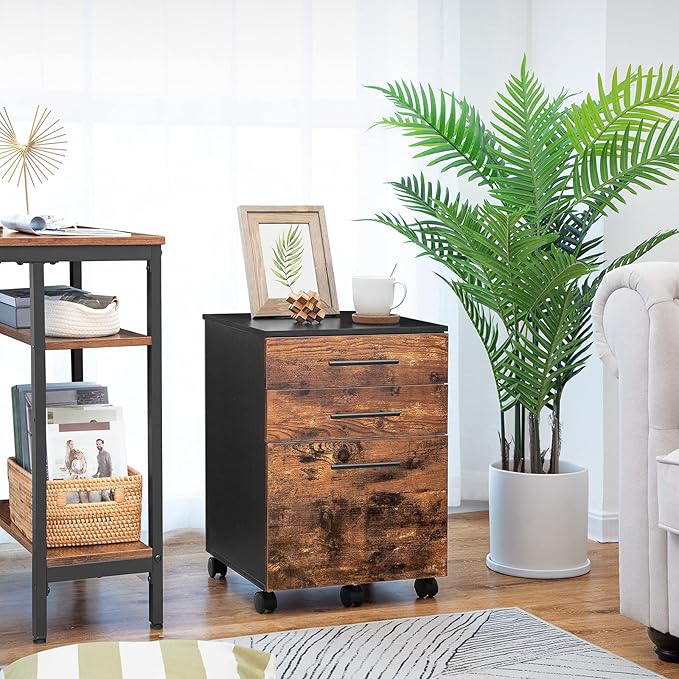 HOOBRO 3-Drawer File Cabinet, Wooden Under Desk Filing Cabinet, fits A4/Letter Size for Home Office, Small Rolling Storage Drawer Chest, Printer Stand with Drawers, Rustic Brown and Black BF02WJ01G1