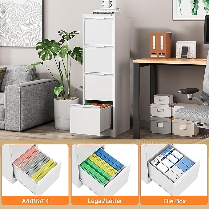 Coolsun Metal File Cabinet with Lock, 4 Drawer Filing Cabinet for Home Office, Locking Vertical Filing Cabinet for A4/F4/Lagel/Letter Assembly Required (White, 4 Drawer)
