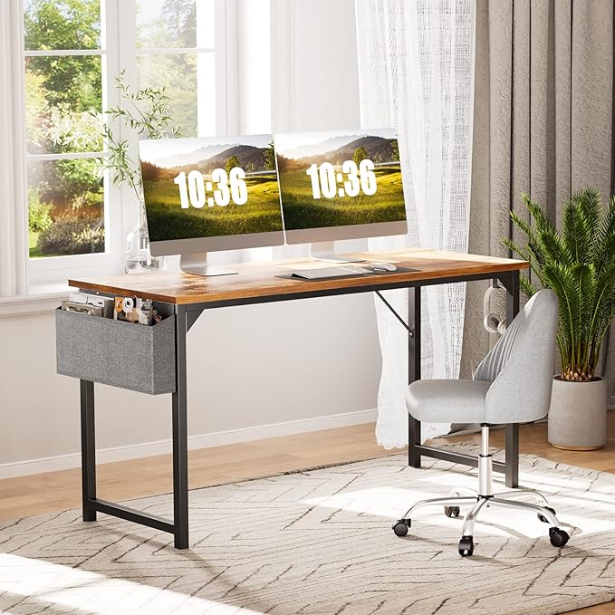 Sweetcrispy Computer Office Desk 48 Inch Kids Student Study Writing Work with Storage Bag & Headphone Hooks Modern Simple Home Bedroom PC Table