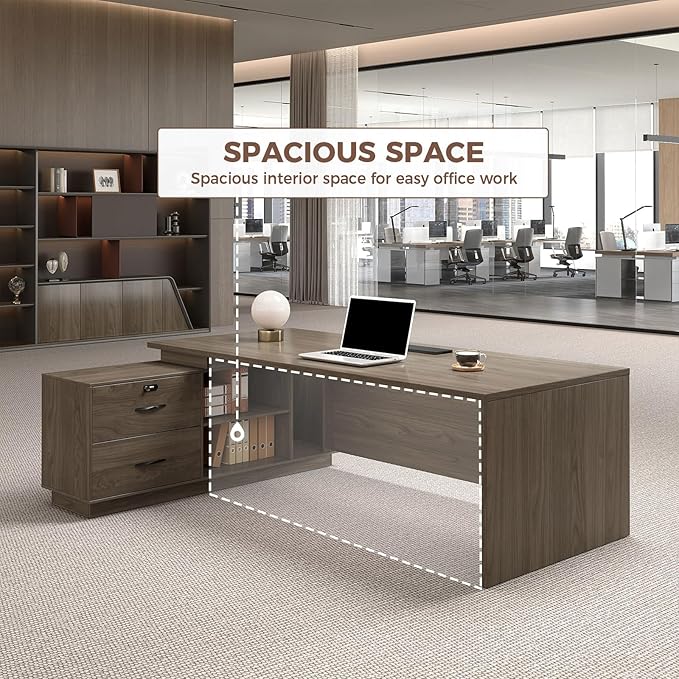 L Shape Executive Office Desk with Reversible Cabinets, Lockable Drawers, Cable Box & Privacy Panel – Modern Wood Grain Desk for Home Office or Business Use(Black Walnut,63" L*32" W*30" H)