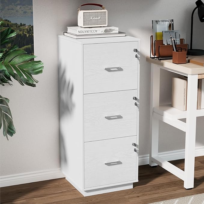VINGLI 3 Drawer File Cabinet with Lock, Home Office Filing Organizer, for Letter Size File Folder Storage, Wood Tall Vertical Filing Cabinet, Printer Stand, Archivador (White)
