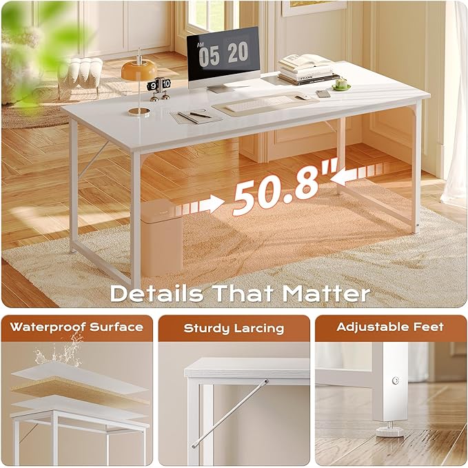 PRAISUN 54 X 24 Inch Computer Desk with Deeper Desktop, Gaming Office Writing Work Desk for Home Office, Study, Bedroom, Work from Home, Metal Frame, White