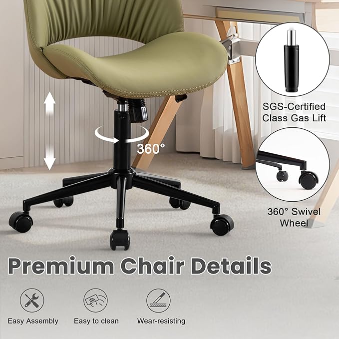 Rowill Armless Office Desk Chair, Ergonomic PU Leather Modern Task Chair with Back Adjustable Height, 360° Swivel Vanity Chairs with Wheels for Small Space, Home Office, Bedroom, Avocado Green