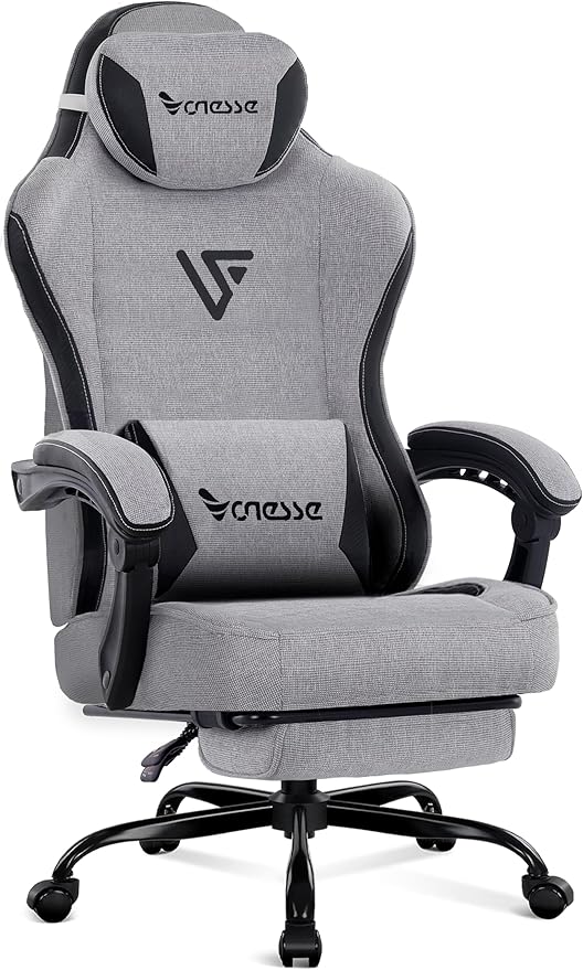 Vonesse Gaming Chair, Computer Chair Fabric with Pocket Spring Cushion, Office Chair with Footrest and Massage Lumbar Support, Reclining Gaming Chairs for Adults 250LBS (Grey)