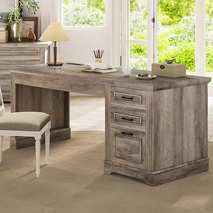 Itaar Farmhouse 55" Executive Desk, Computer Desk with Storage Drawers and Power Outlet, Home Office Desk, Workstation for Office Home, Grey