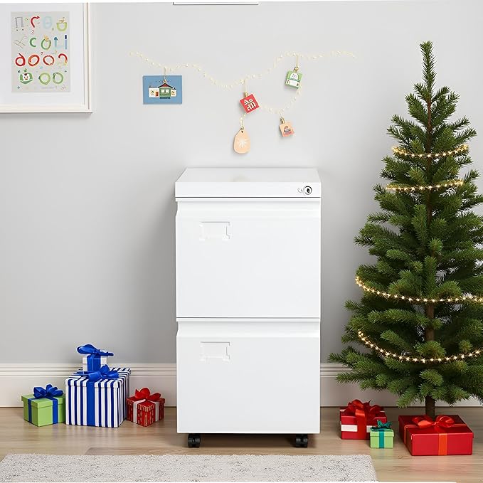 SUXXAN 2 Drawers Mobile File Cabinet, Metal Under Desk Cabinet with Lock, for Office & Home, Legal/Letter Size, W14.57”x D17.36”x H25.79”, Assembly Required(White)