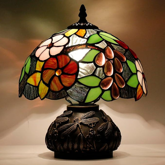 Small Tiffany Table Lamp Brown Grape Style Stained Glass Desk Lamp 10X11.5 Inch Mushroom Table Light for Office Home Living Room Bedroom