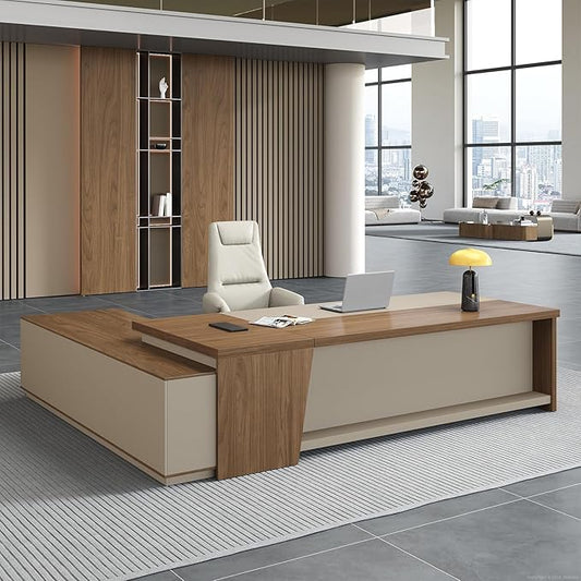 Premium Executive Desk, Modern L Shape Office Executive Desk with Drawers, Lockable Storage & Cable Management (Champagne Wood Grain+Beige/Right,79" L*63" W*30" H)