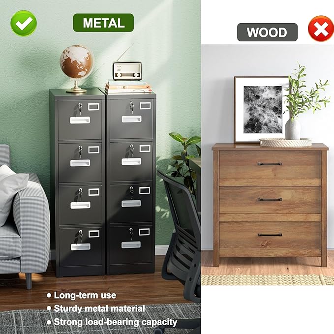 Aobabo 4 Drawer File Cabinet, Metal Filing Cabinet with Lock for Office Letter/Legal Size,Black,Required-Assembly