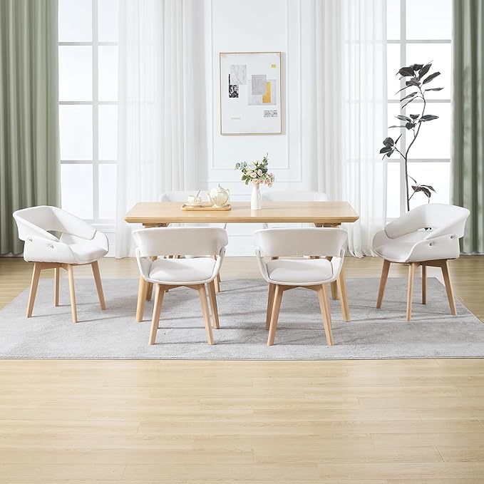 Home Office Desk Chair No Wheels Set of 6, Upholstered Linen Fabric Modern Accent Side Armchair with Wood Legs Hollow-Out Back, for Vanity Living Dining Room Bedroom, Beige