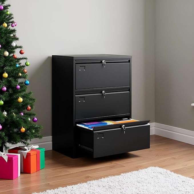 SUXXAN 3 Drawer File Cabinet, Lateral Filing Cabinet with 3 Locks for Home Office, Black File Cabinets with Business Card Holder for Letter/Legal/F4/A4 Hanging Files