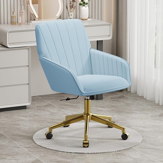 YISHENG Velvet Office Desk Chair with Gold Base, with Wheels,Modern Height Adjustable 360 Degree Swivel Upholstered Vanity Chairs with Arms for Living Room Bedroom,Sky Blue
