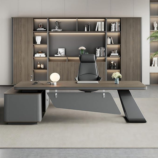 L Shaped Executive Desk, 86.6 inch Large Executive Computer Desk Set Drawers and Lockable, Power Socket and USB Port Storage, Without Display Racks and Bookshelves