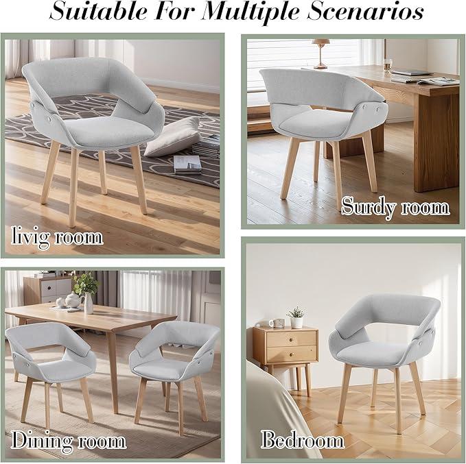 Home Office Desk Chair No Wheels, Upholstered Linen Fabric Modern Accent Side Armchair with Wood Legs Hollow-Out Back, for Vanity Living Dining Room Bedroom, 1PC & Grey