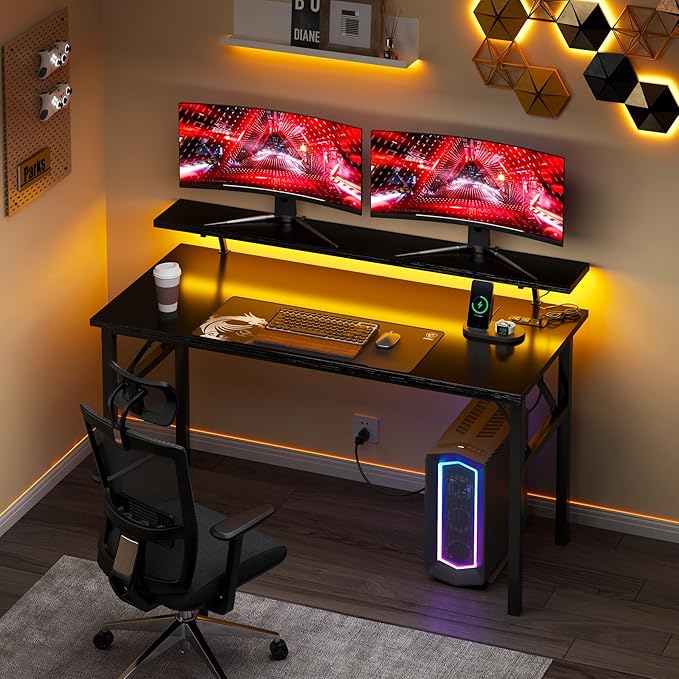 sogesfurniture 47 inch Computer Desk with LED Lights & Power Outlets, Folding Desk with Monitor Shelf, Wide Folding Table Writing Desk Foldable Home Office Desk, Black