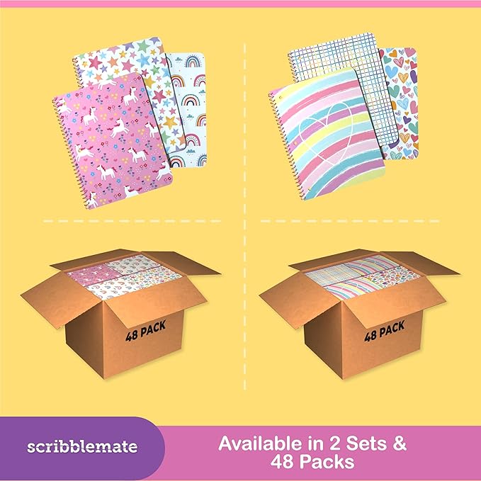 Wide Ruled Spiral Notebook, Adorable 1 Subject Notebooks for kids 100 Sheets/200 Pages, Perforated 3-Hole Punched Sheets with Interior Paper Pocket 8x10.5 Inch (6 Pack)