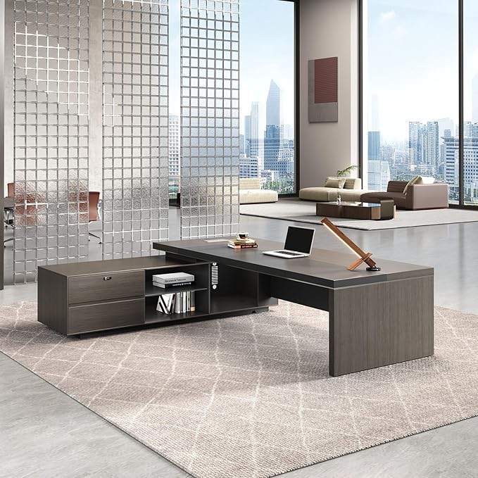 Reversible L Shaped Executive Desk with Drawers, Storage Cabinets, Power Box & Storage Shelves – Modern Office Desk with Privacy Panel (Obsidian Grey+Mocha Walnut, 79" L * 65" W * 30" H)