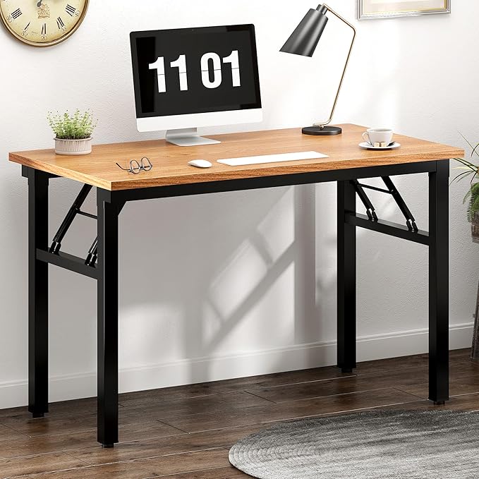 SDHYL 39 inchesNo Assembly Foldable Computer Desk for Home Office Workstation, Study and Writing, Teak Board and Black Leg