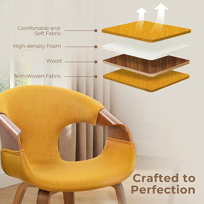 Art Leon Mid Century Office Chair - Modern Desk Chair No Wheels, Fabric Upholstered Wood Desk Chair, Office Chair with Wood Legs for Living Room Bedroom, Walnut Bentwood, Yellow
