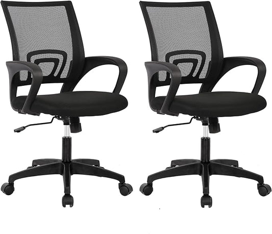 BestOffice | Ergonomic Office Chair | Mid-Back Swivel Desk Chair | Breathable Backrest & Lumbar Support | Adjustable Height | Sponge Seat | Rolling Wheels | Black | for Adults & Women | Pack of 2