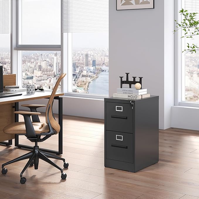 2 Drawer Vertical File Cabinet Home Office Metal Filing Cabinet, D17.7 Locking File Cabinets with Keys, Anti-Tilt Design, Steel Drawer Cabinet for A4/Legal/Letter,Need Assemble (Black)