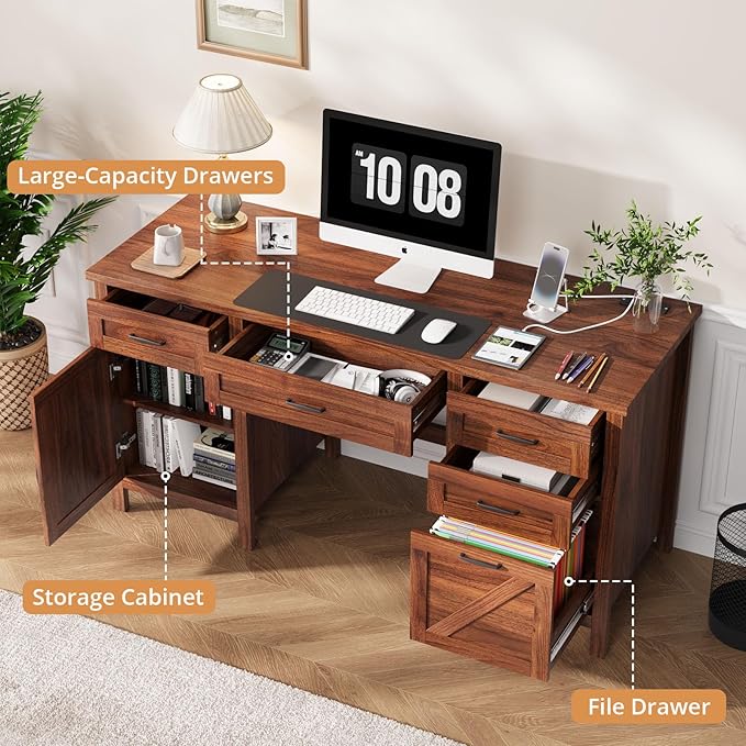 VOWNER Executive Desk with File Drawer, Farmhouse Office Desk with Charging Station, Computer Desk Workstation for Home Office, Walnut