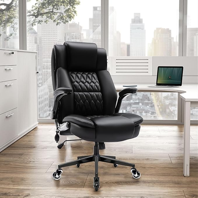 Large High Back Office Chair - Adjustable Lumbar Support, Flip Up Arms, Heavy Duty Metal Base, Breathable Bonded Leather, 2 Storage Bags, Black