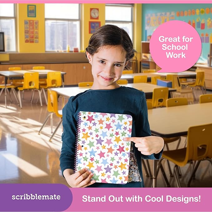Wide Ruled Spiral Notebook, Adorable 1 Subject Notebooks for kids 100 Sheets/200 Pages, Perforated 3-Hole Punched Sheets with Interior Paper Pocket 8x10.5 Inch (6 Pack)