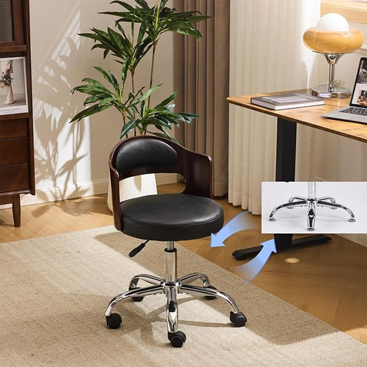 VINGLI Armless Home Office Desk Chair, Adjustable Swivel Chair,Dual-Use with/no Wheels,Small Retro Designed Walnut Curved Task Chair,Cushioned Nail Tech Chair for Study Area,Workspace,PU,Black