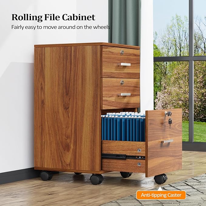 VINGLI 3-Drawer File Cabinet with Lock, Wood Rolling Filing Cabinets for Home Office, Mobile Printer Stand, Under Desk File Organizer for Letter Sized Files, 26" H(Caster Included), Walnut