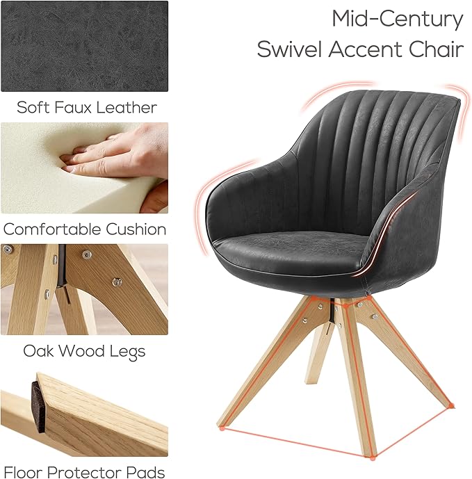 Art Leon Office Chair No Wheels, Mid Century Modern Desk Chair, Swivel Accent Chair with Oak Wood Legs, Faux Leather Upholstered Armchair for Desk, Black