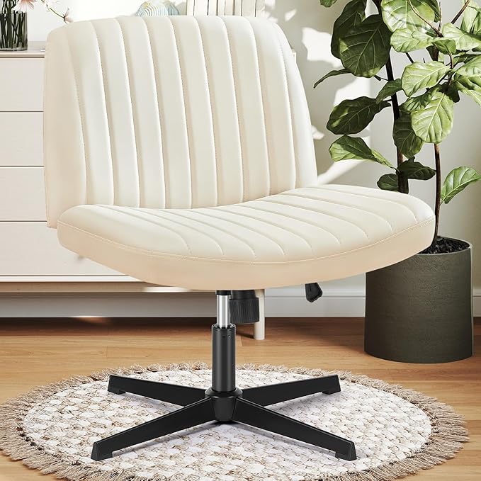 DUMOS Criss Cross Chair Legged Office Wide Comfy Desk Seat, No Wheels Armless Computer Task Seating, Swivel PU Leather Vanity Home Height Adjustable