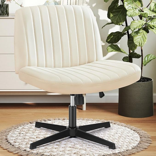 DUMOS Criss Cross Chair Legged Office Wide Comfy Desk Seat, No Wheels Armless Computer Task Seating, Swivel PU Leather Vanity Home Height Adjustable