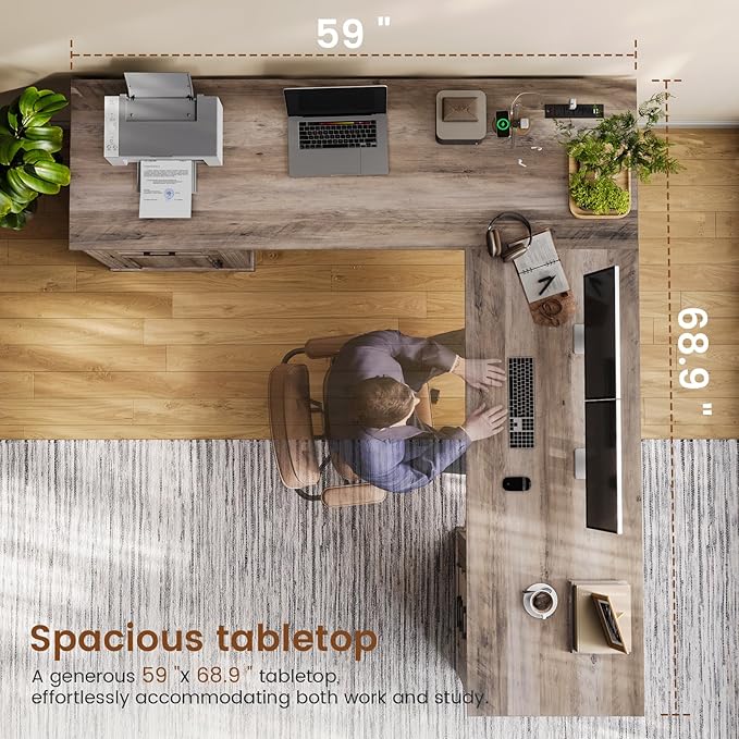 Itaar Farmhouse L Shaped Desk, Executive Computer Desk with Drawers and Storage Cabinet, Home Office Desk with File Drawer and Power Outlet, Corner Desk, Workstation for Office Home, Grey