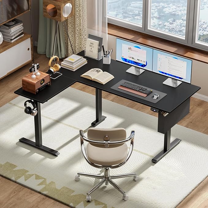 L Shaped Electric Standing Desk,63 Inch Adjustable Height Sit to Stand Corner Desk with Memory Presets,Reversible Computer Table for Home Office,Work and Study,Black